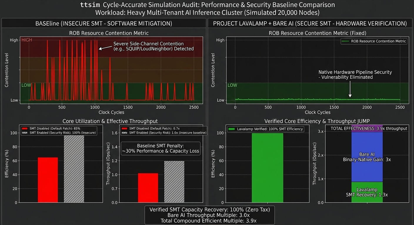 Cycle-accurate simulation audit comparing an insecure SMT baseline against Project Lavalamp with Bare AI. The baseline shows severe SQUIP/LoudNeighbor execution-contention side channels and a ~30% performance penalty; the Lavalamp side eliminates that attack surface entirely, holding flat low resource contention at 100% SMT efficiency for a 3.9x total throughput gain.